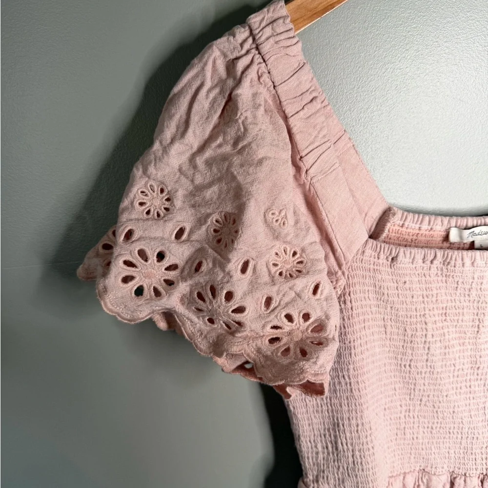 Madewell Linen-Blend Eyelet-Sleeve Lucie Smocked Midi Dress - Wisteria Dove - Picture 8 of 13